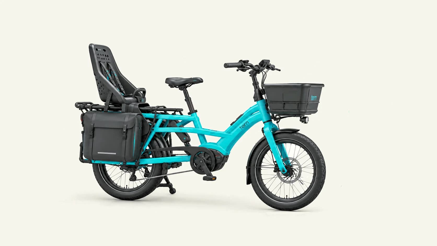 A cargo e-bike with a child seat, panniers and a front basket. Numbered dots mark seven places a tracker can hide.